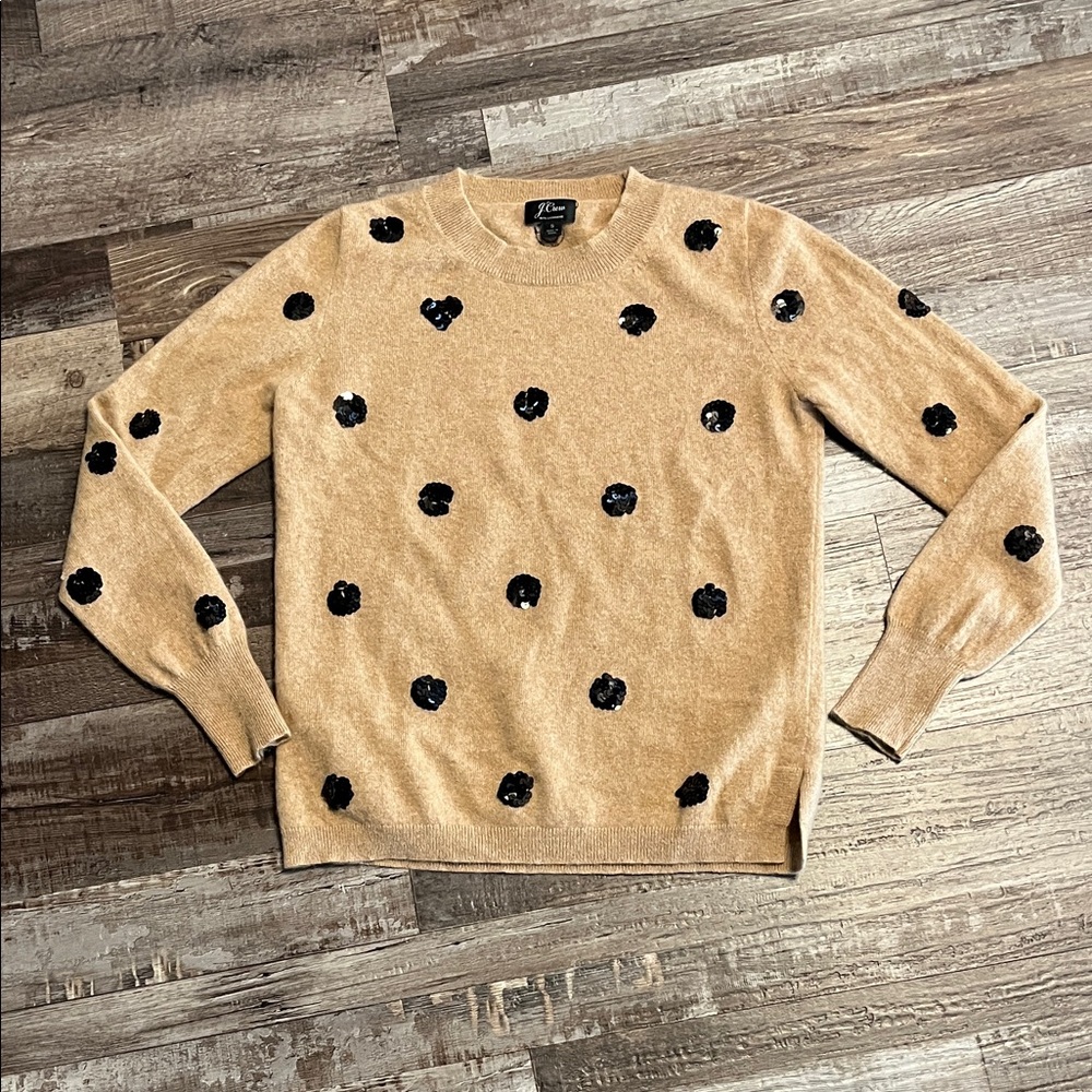 J. Crew Camel Cashmere Sweater with Black Sequined Dots